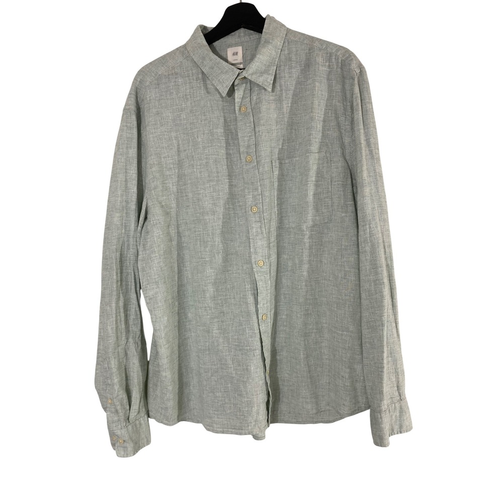 HM Button Down Shirt Mens XL Green Excellent Cotton Linen Blend Regular Fit
